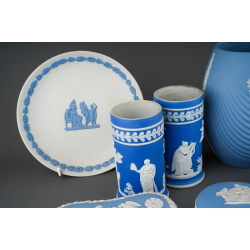 688 - A collection of Wedgwood and similar jasperware, including a pair of cylindrical spill vase, inscrib... 