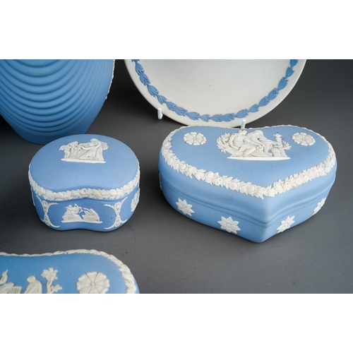 688 - A collection of Wedgwood and similar jasperware, including a pair of cylindrical spill vase, inscrib... 