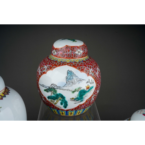 689 - Collection of Five Chinese porcelain ginger jars together with a carved wood base stand. All decorat... 