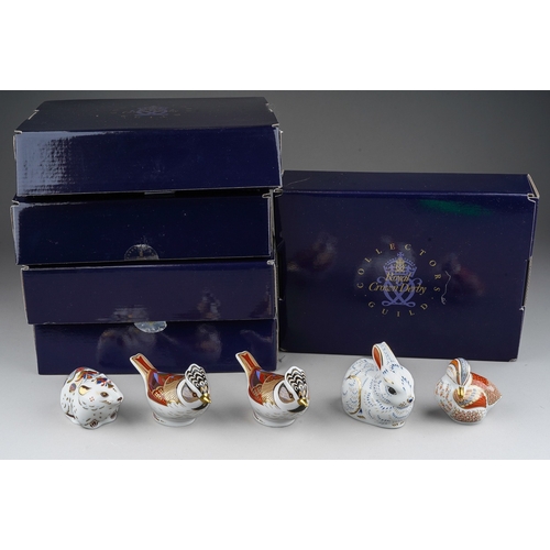 696 - Five boxed Royal Crown Derby Collectors Guild paperweights, comprising Bank Vole, Crested Tit x 2, B... 