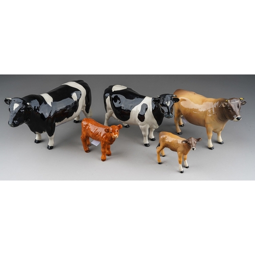 702 - Beswick Cattle to include: a Friesian Bull and Cow; CH Dunsley Coyboy Jersey bull and Jersey calf wi... 