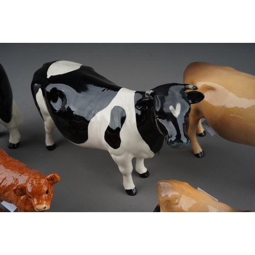 702 - Beswick Cattle to include: a Friesian Bull and Cow; CH Dunsley Coyboy Jersey bull and Jersey calf wi... 