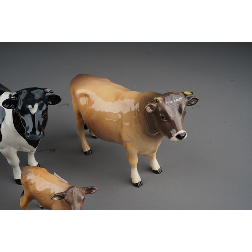 702 - Beswick Cattle to include: a Friesian Bull and Cow; CH Dunsley Coyboy Jersey bull and Jersey calf wi... 