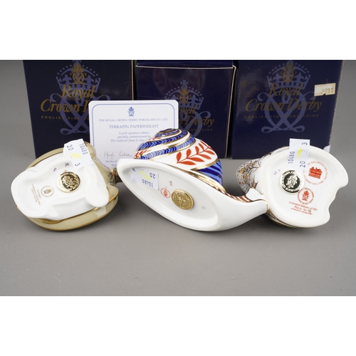 707 - Three boxed Royal Crown Derby paperweights, comprising 'Terrapin', with certificate, a limited editi... 