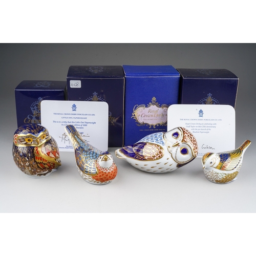 714 - Four boxed Royal crown derby bird paperweights, comprisng Owl, Firecrest, Bluebird with certificate ... 