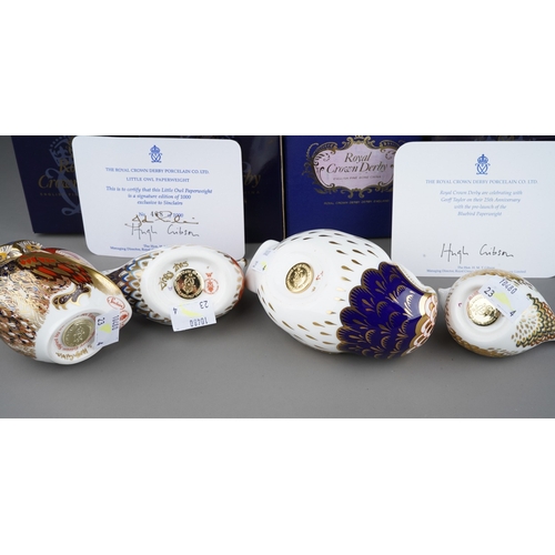 714 - Four boxed Royal crown derby bird paperweights, comprisng Owl, Firecrest, Bluebird with certificate ... 