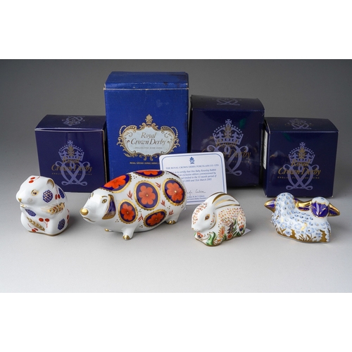 716 - Four boxed Royal Crown Derby paperweights, comprising a 'Baby Rowsley Bunny', with certificate, Twin... 