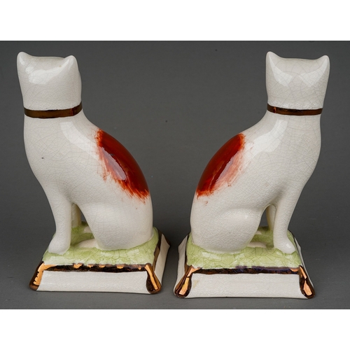 722 - A pair of Staffordshire pottery cats, left and right facing, modelled seated, with orange sponge pat... 