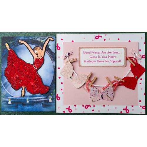 744 - Set of 2 cards decorated with the material from Lisa Snowdon’s bras.
The washing line card depicts c... 