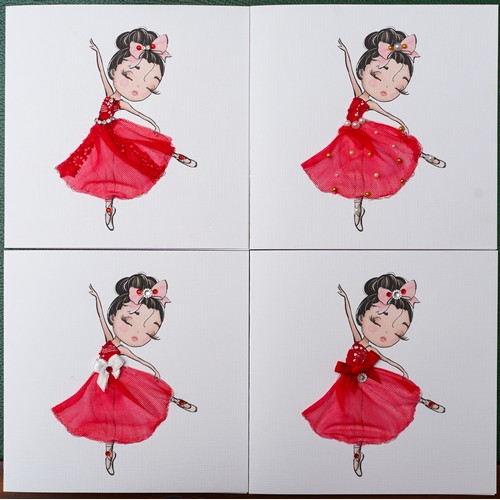 745 - Set of 4 Ballet dancer cards, kindly donated by Made to be Personalised & decorated with the lace fr... 