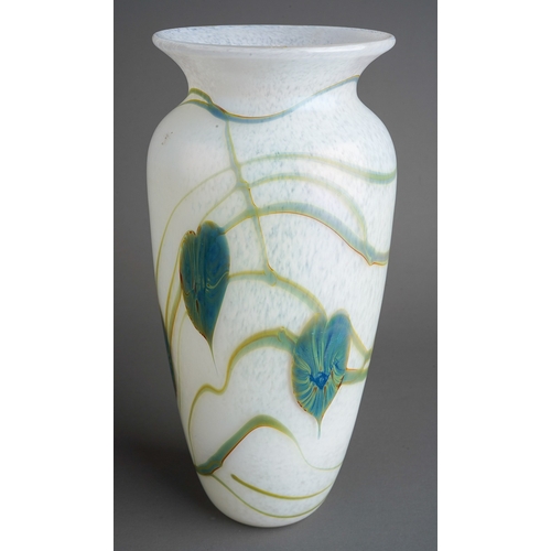 787 - A boxed Richard Golding for Okra 'White Ayrum' design iridescent glass baluster vase, the base signe... 