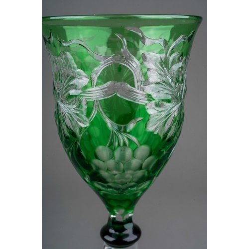 790 - A 1930s Stephens & Williams Crystal green overlay 1930's tall grapes and wine leaves wine glass