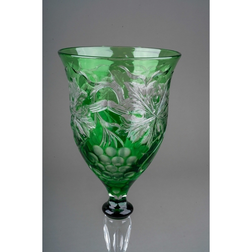 790 - A 1930s Stephens & Williams Crystal green overlay 1930's tall grapes and wine leaves wine glass