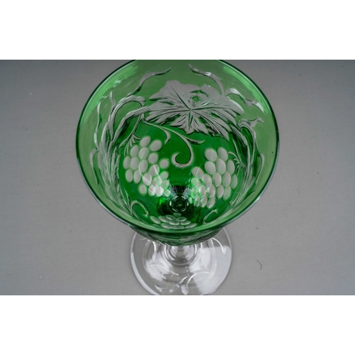 790 - A 1930s Stephens & Williams Crystal green overlay 1930's tall grapes and wine leaves wine glass