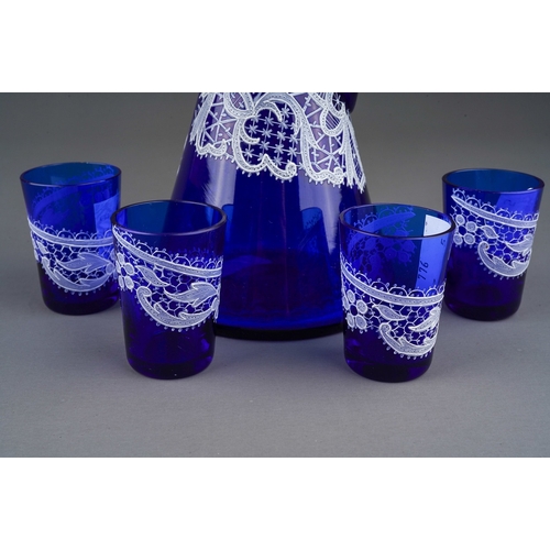 798 - A Salviati style Venetian cobalt blue spirit decanter and stopper decorated with white lace overlay ... 