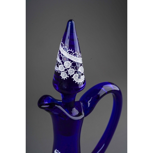 798 - A Salviati style Venetian cobalt blue spirit decanter and stopper decorated with white lace overlay ... 