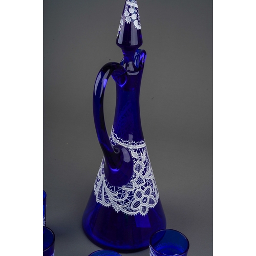 798 - A Salviati style Venetian cobalt blue spirit decanter and stopper decorated with white lace overlay ... 