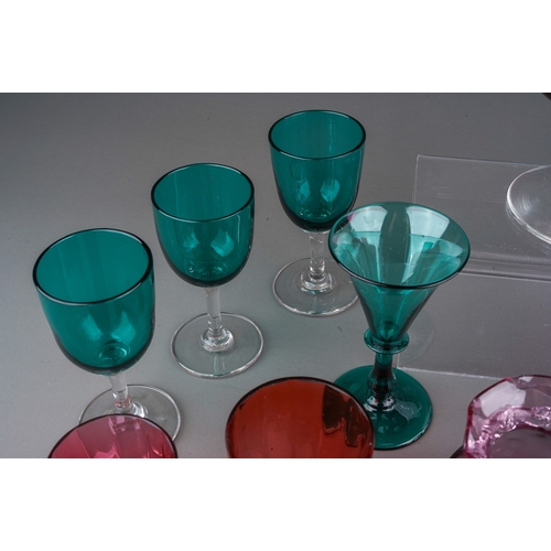 799 - Collection of Victorian glass ware to include cranberry tumblers, wine glasses and bob bon dish, vas... 