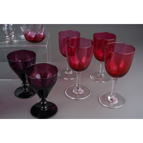 799 - Collection of Victorian glass ware to include cranberry tumblers, wine glasses and bob bon dish, vas... 