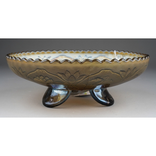 808 - An early 20th Century American smoke Carnival glass footed bowl, by Fenton, relief moulded to the in... 