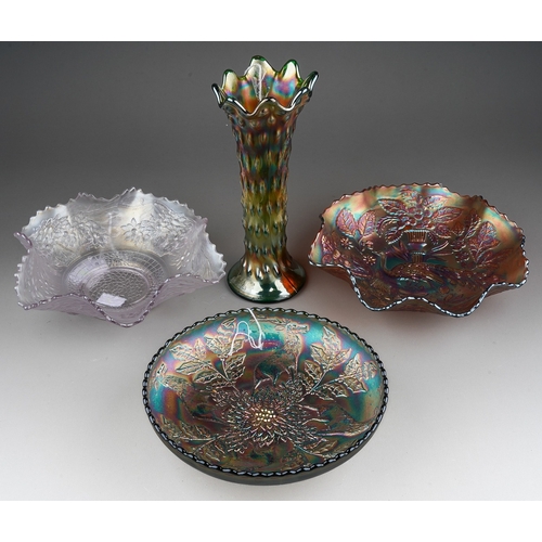 818 - Four pieces of early 20th century American Carnival glass from the Fenton factory, comprising a whit... 