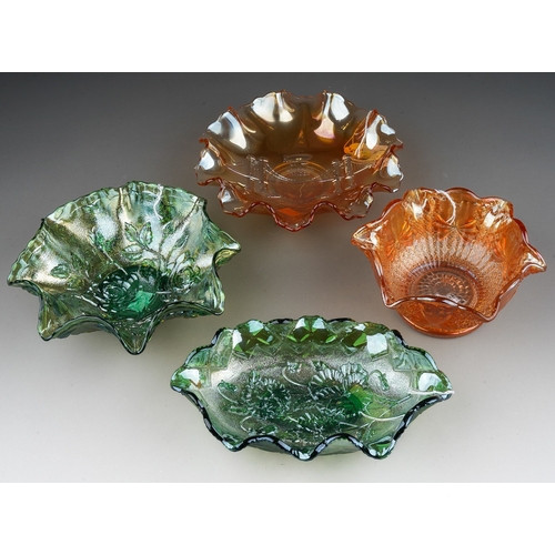 819 - Four pieces of early 20th century carnival glass, comprising two pieces of Imperial green glass, one... 