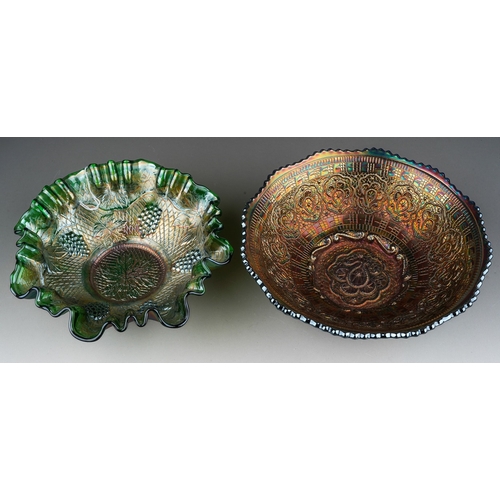 821 - Two pieces of early 20th century American Carnival glass from the Fenton factory, comprising a green... 