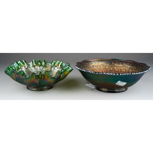 821 - Two pieces of early 20th century American Carnival glass from the Fenton factory, comprising a green... 