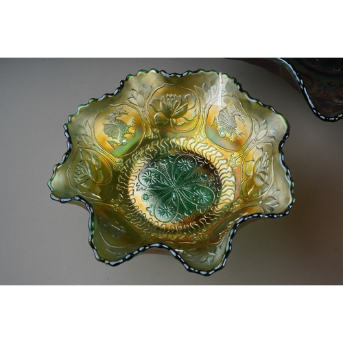 822 - Three pieces of early 20th century American Carnival glass from the Fenton factory, comprising a mar... 