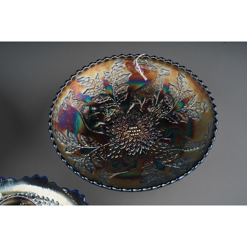 825 - Three pieces of early 20th century American Carnival glass by the Fenton factory, comprising a blue ... 