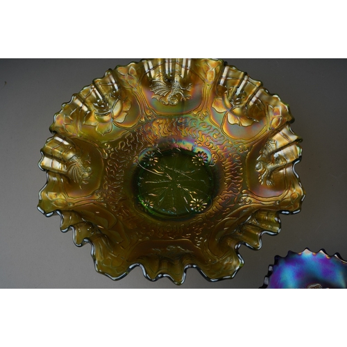 827 - Two early 20th century American green Carnival glass frilled rim dishes from the Fenton factory, bot... 