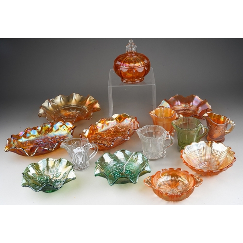 833 - Fourteen pieces of early 20th century American and English pressed and Carnival glass including Sowe... 