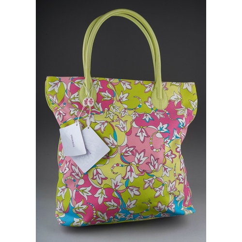 840 - Emilio Pucci: a green and pink floral large canvas tote with leather handles, model 61BE06,  with la... 