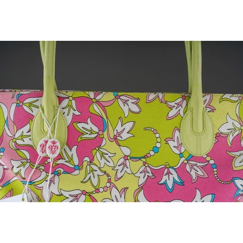 840 - Emilio Pucci: a green and pink floral large canvas tote with leather handles, model 61BE06,  with la... 