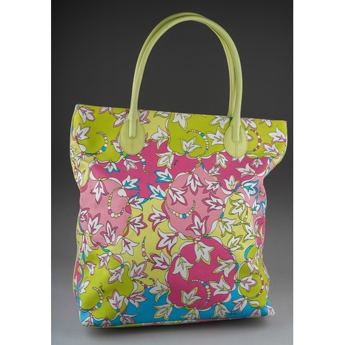 840 - Emilio Pucci: a green and pink floral large canvas tote with leather handles, model 61BE06,  with la... 