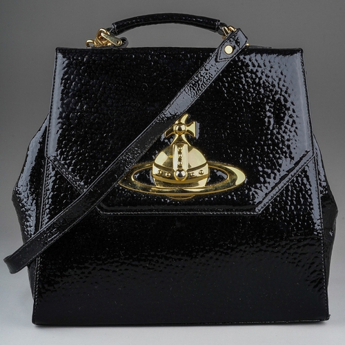 841 - Vivienne Westwood, an Ebury Orb black patent snakeskin style leather tote handbag with strap, gilt h... 