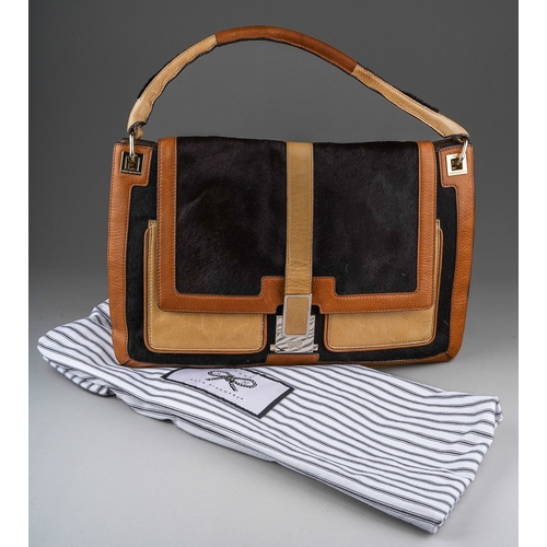 842 - Anya Hindmarch, a Perry Patchwork shoulder bag, the black pony skin overlaid with tan and beige leat... 