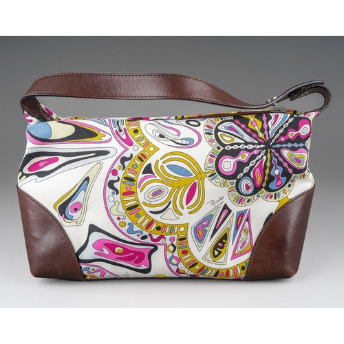 844 - Emilio Pucci Fuilio canvas and brown leather shoulder bag with adjustable strap, without dust cover