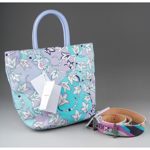 845 - Emilio Pucci: a baby blue floral canvas and leather tote together with a Pucci multi-coloured belt w... 