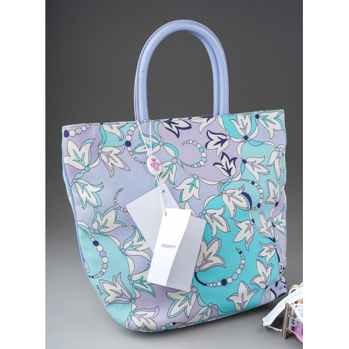 845 - Emilio Pucci: a baby blue floral canvas and leather tote together with a Pucci multi-coloured belt w... 