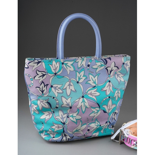 845 - Emilio Pucci: a baby blue floral canvas and leather tote together with a Pucci multi-coloured belt w... 