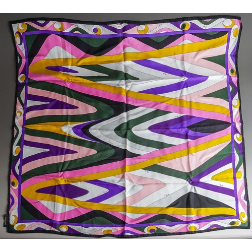 847 - Emilio Pucci Fuilio large silk scarf, hand stitched border, printed in an undulating pattern mainly ... 