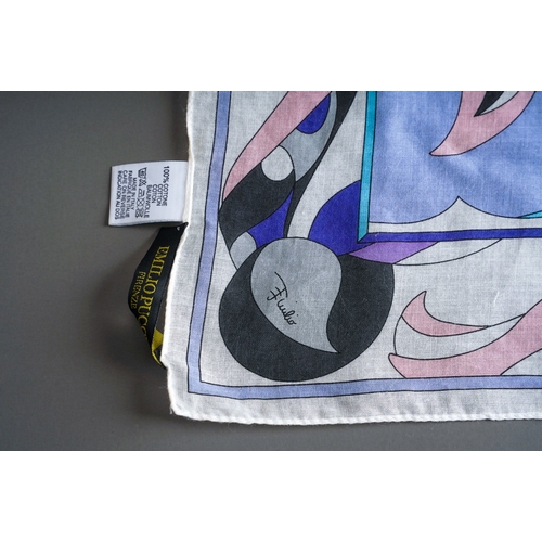 847 - Emilio Pucci Fuilio large silk scarf, hand stitched border, printed in an undulating pattern mainly ... 