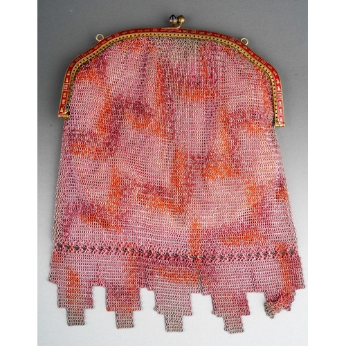 868 - A 1920's gilt metal mounted pink chain mail purse, with cabochon twist clasp, chain strap lacking (a... 