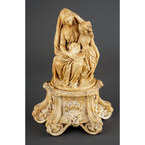 871 - Antique 18th Century carved Meerschaum religious figure of St Anne & Mary, on original stand.  Heigh... 