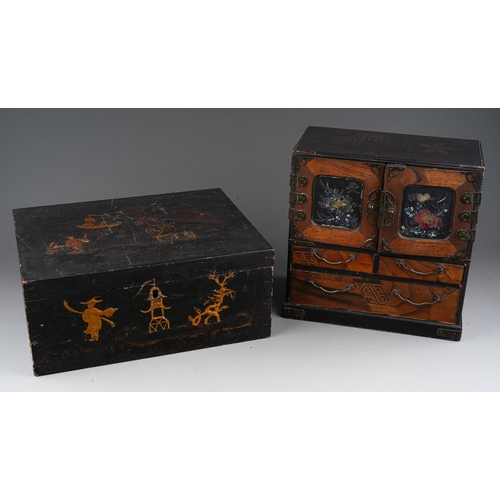 878 - An Asian vari wood marquetry jewellery cabinet, six drawer compartment over two short and long long ... 