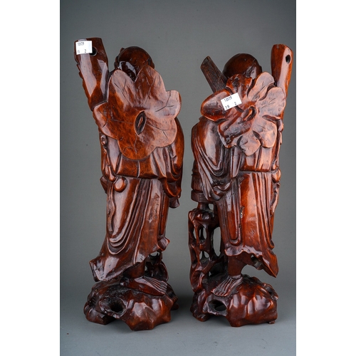 890 - Pair of 19th Century  Chinese hardwood carvings of elderly men with bone inlay detailing, approx. 42... 