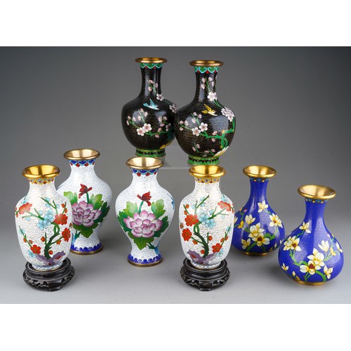 892 - Four pairs of cloisonne  vases, 2 on wooden stands, average size 15 cm tall