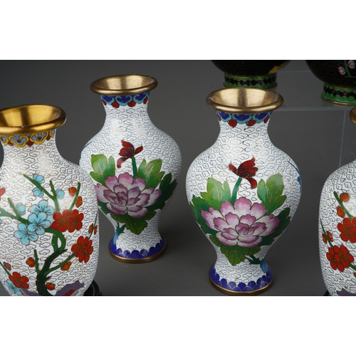 892 - Four pairs of cloisonne  vases, 2 on wooden stands, average size 15 cm tall