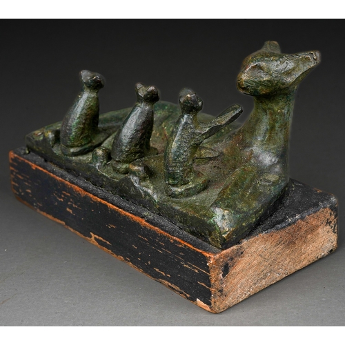 896 - Bronze Bastet cat and kittens Egyptian Artefact. 
The mother lying on her left side with her legs pa... 